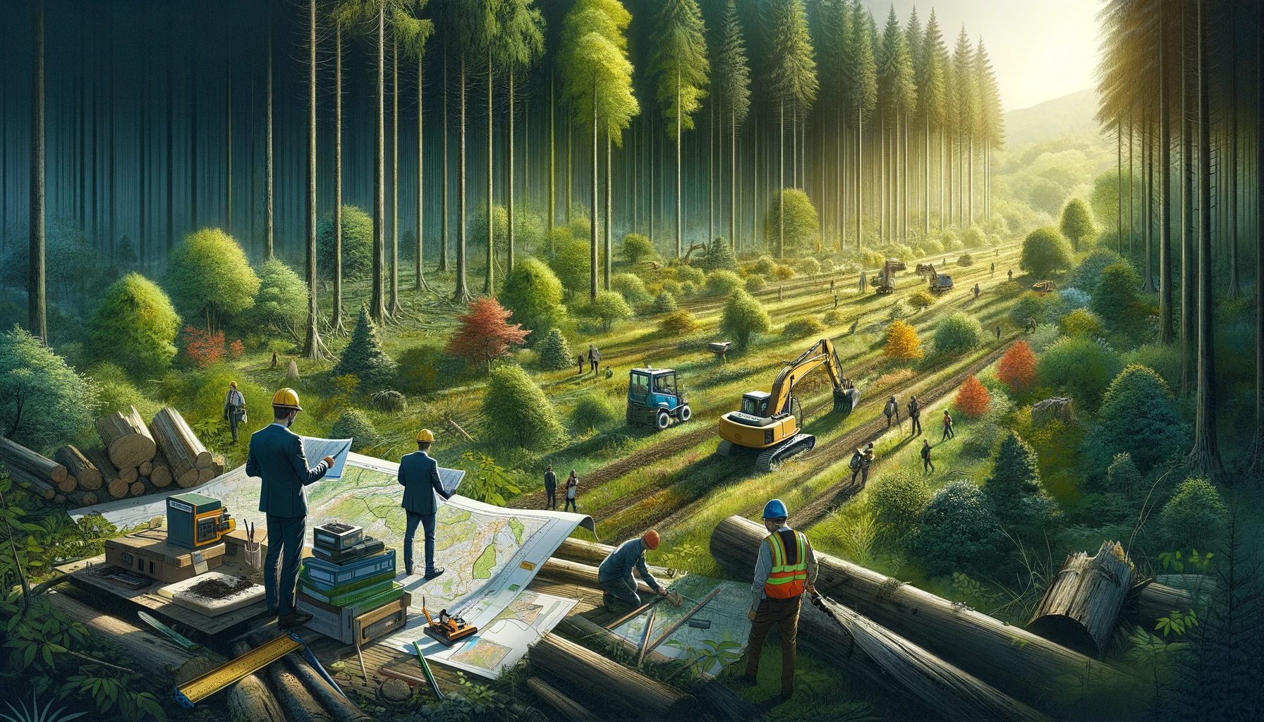 An-artistic-representation-of-a-forest-development-project.-The-image-showcases-a-large-lush-forest-with-a-variety-of-trees-undergrowth-and-wildlif